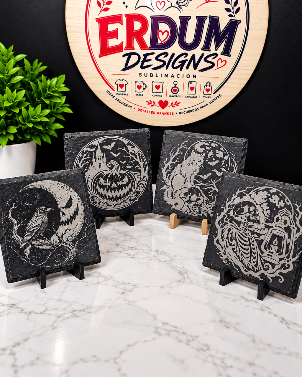 Halloween Laser Engraved Slate Coasters – Set of 4 - ERDUM DESIGNS