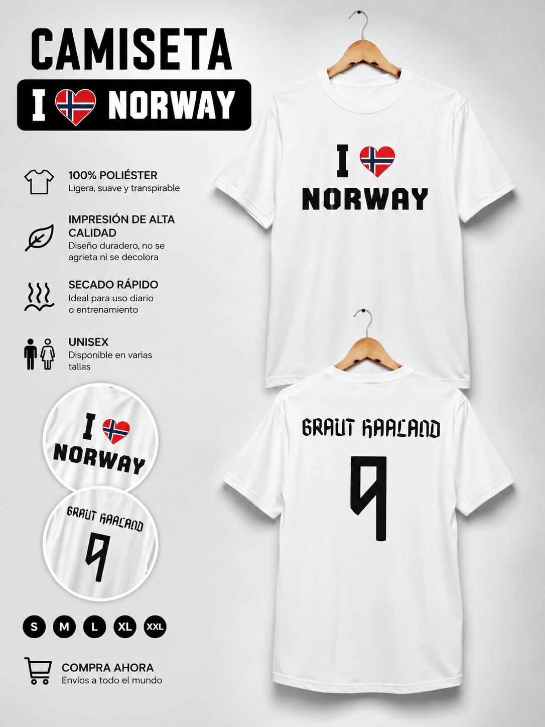 Camiseta blanca I Love Norway con nombre Haaland y número 9