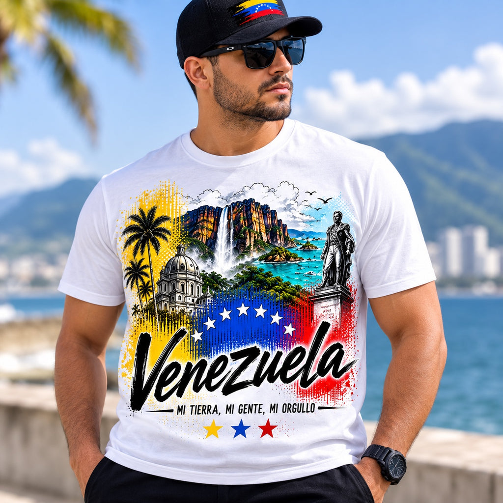 Modelo usando camiseta blanca Venezuela de ERDUM Designs