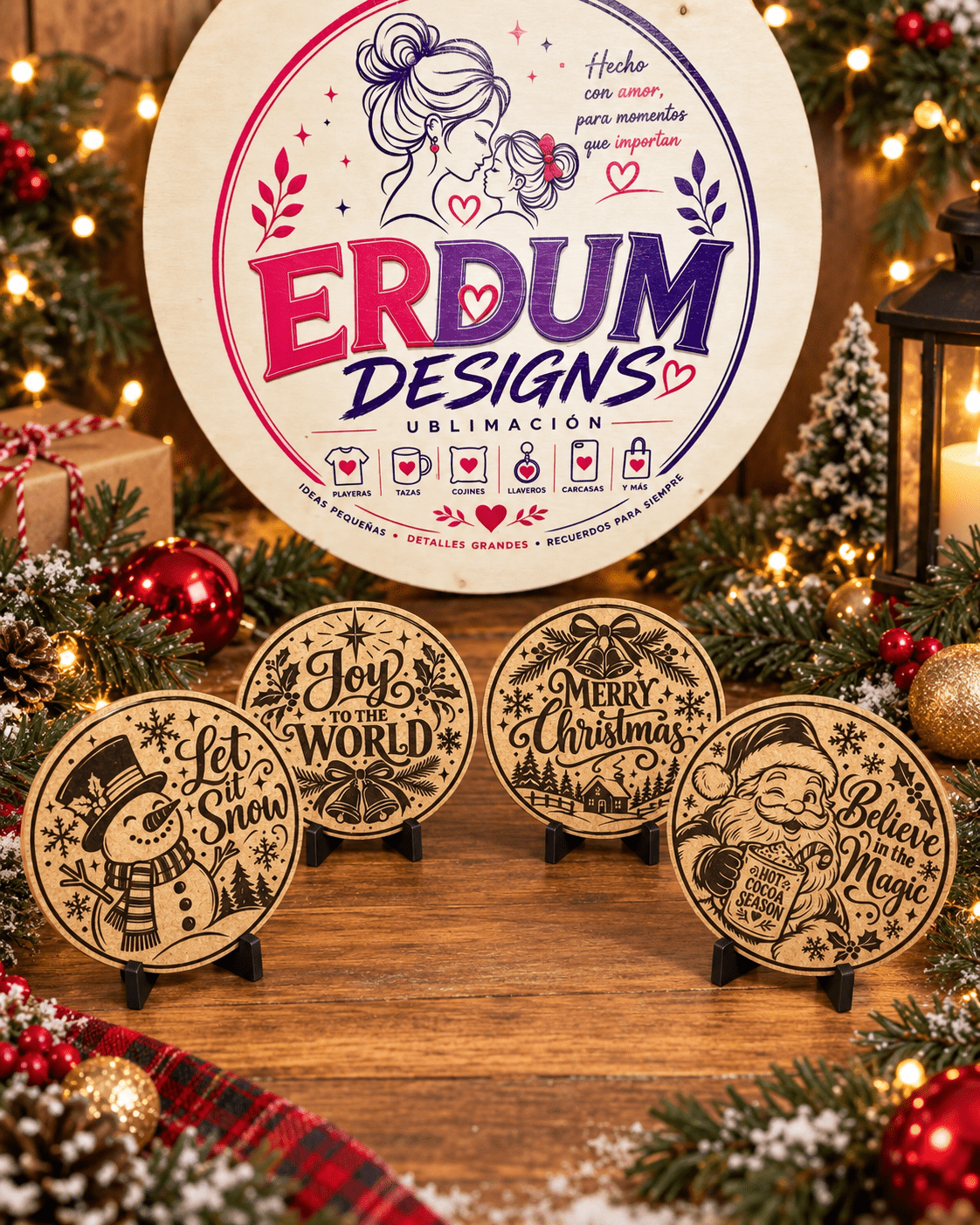 Christmas Cork Coaster Set – 4 Laser Engraved Designs - ERDUM DESIGNS