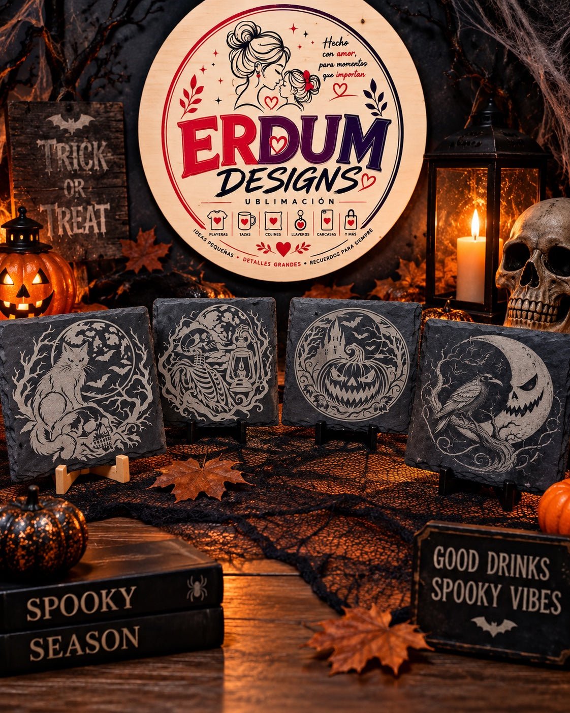 Halloween Laser Engraved Slate Coasters – Set of 4 - ERDUM DESIGNS