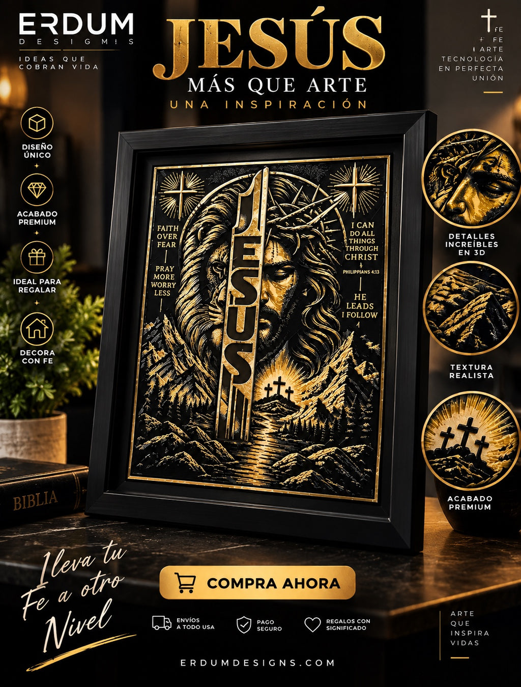 Cuadro de Jesús 3D negro y dorado de ERDUM DESIGNS