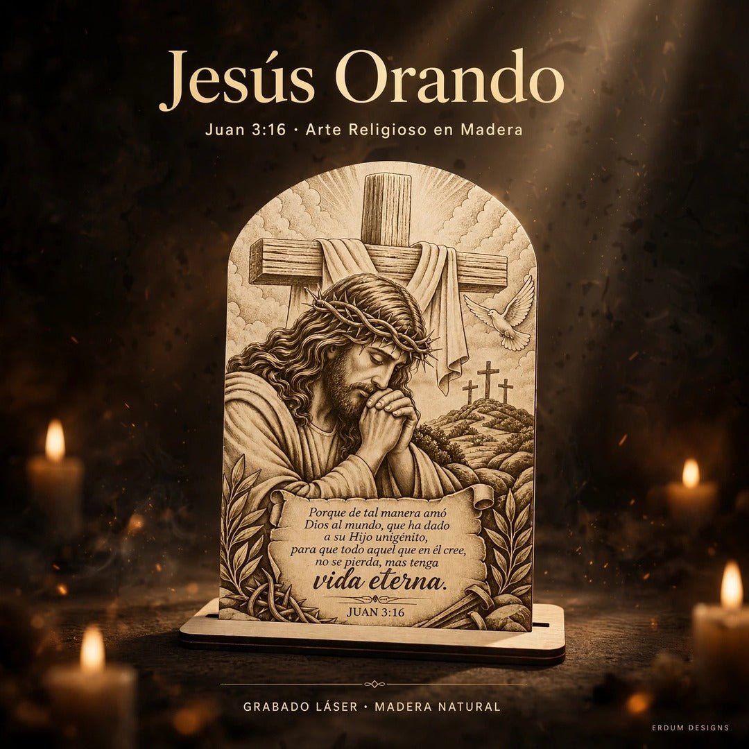 Arte religioso en madera – Jesús orando Juan 3:16 - ERDUM DESIGNS