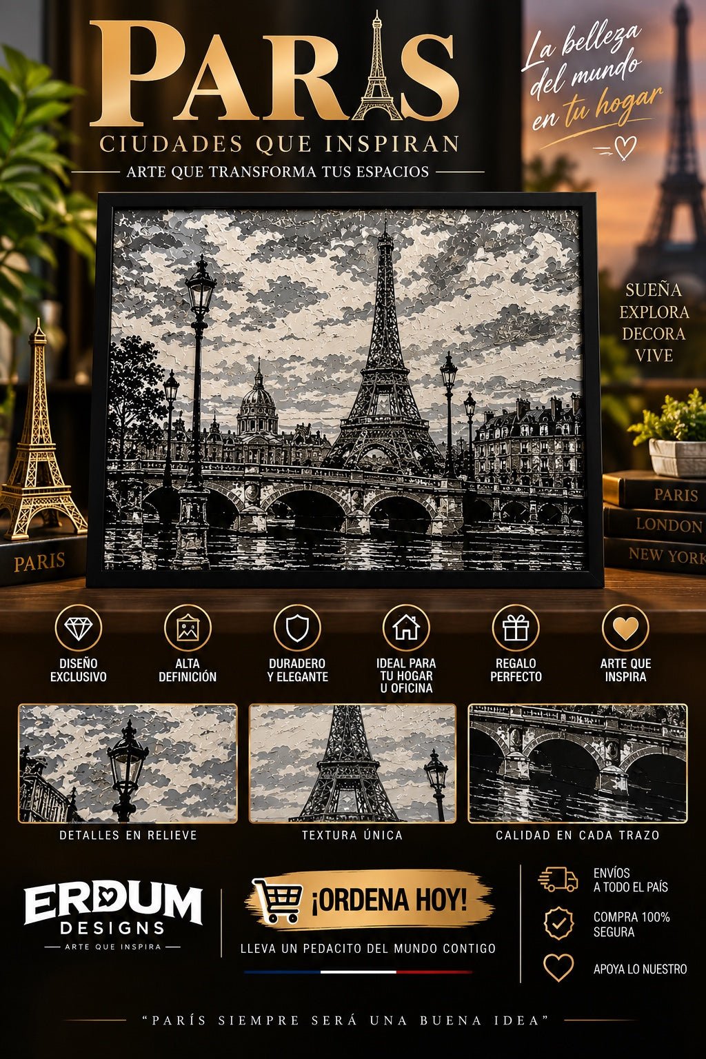París – Arte Decorativo en Relieve 240 × 180 mm - ERDUM DESIGNS