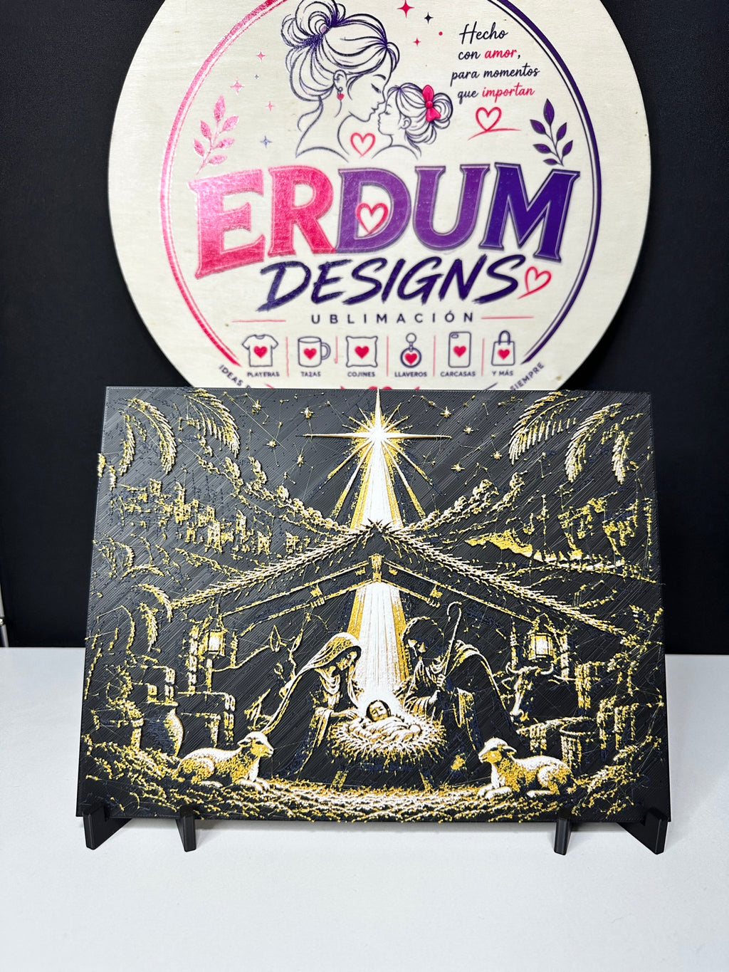 Nativity Scene 3D Wall Art – HueForge Style Black & Gold Nativity Relief, Christmas Christian Home Decor - ERDUM DESIGNS