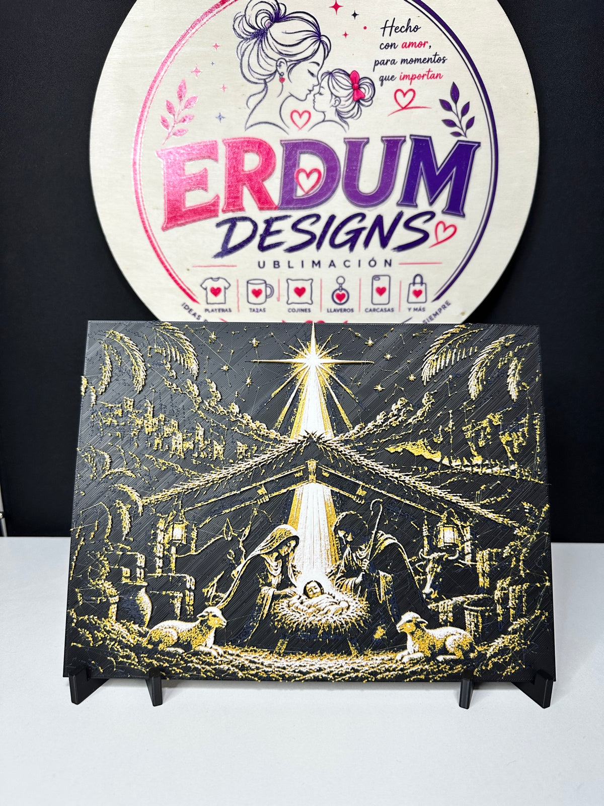 Nativity Scene 3D Wall Art – HueForge Style Black & Gold Nativity Relief, Christmas Christian Home Decor - ERDUM DESIGNS
