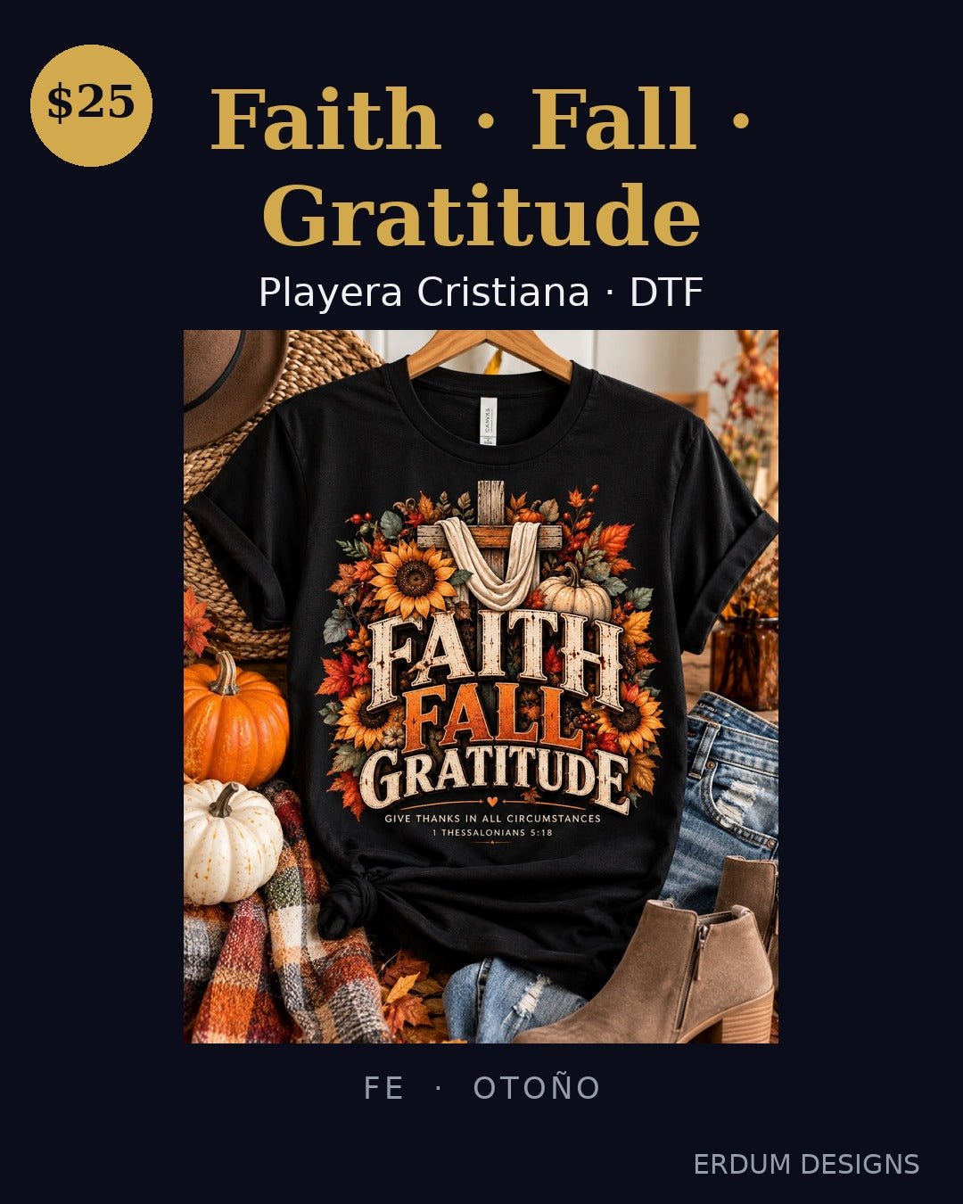 Playera Faith Fall Gratitude – Cristiana de Otoño DTF, 1 Tesalonicenses 5:18 | Erdum Designs - ERDUM DESIGNS