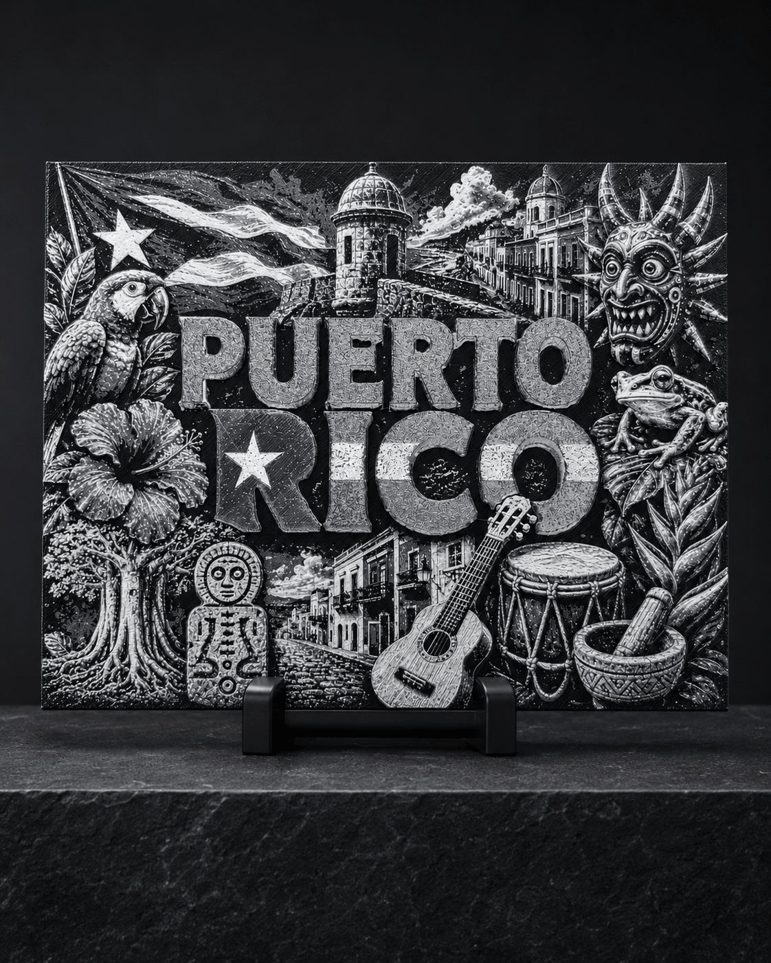 Puerto Rico en Relieve – Arte 3D con Marco y Pedestal - ERDUM DESIGNS