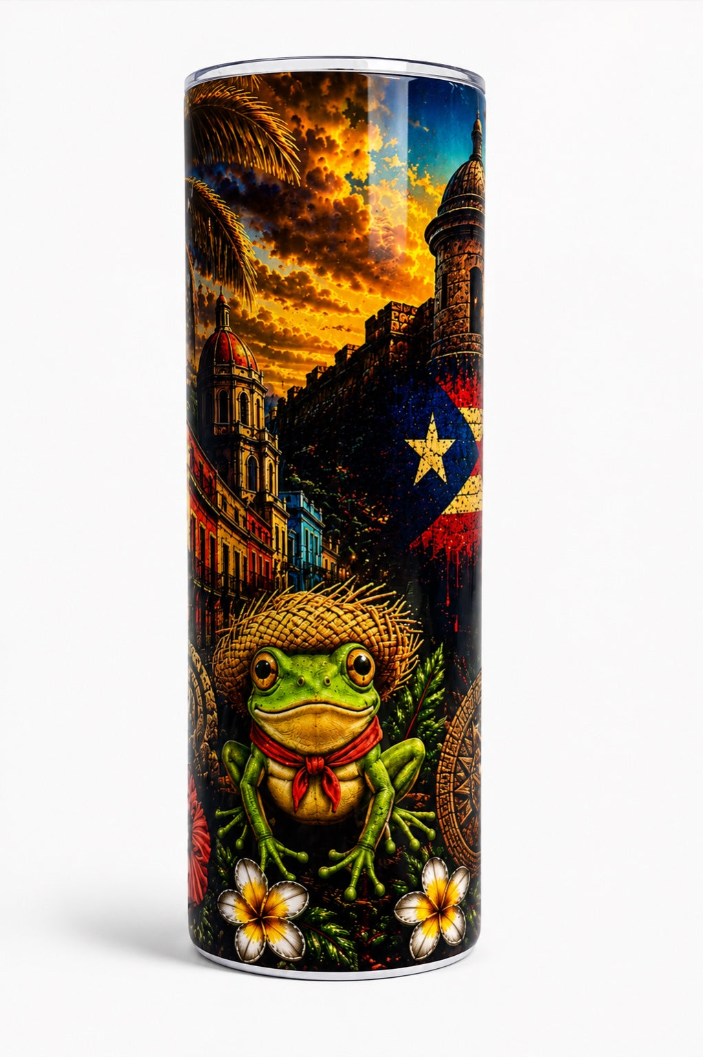 Tumbler skinny de 20 oz personalizado con diseño inspirado en Puerto Rico, coquí, bandera y El Morro