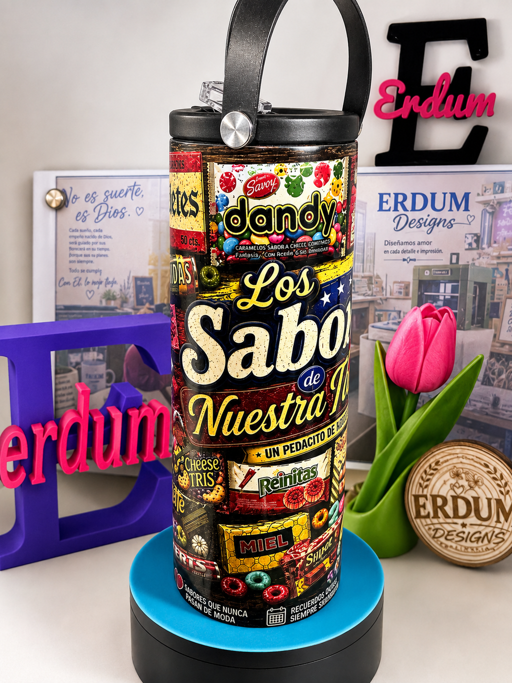 Tumbler venezolano de 20 oz con diseño Los Sabores de Nuestra Infancia