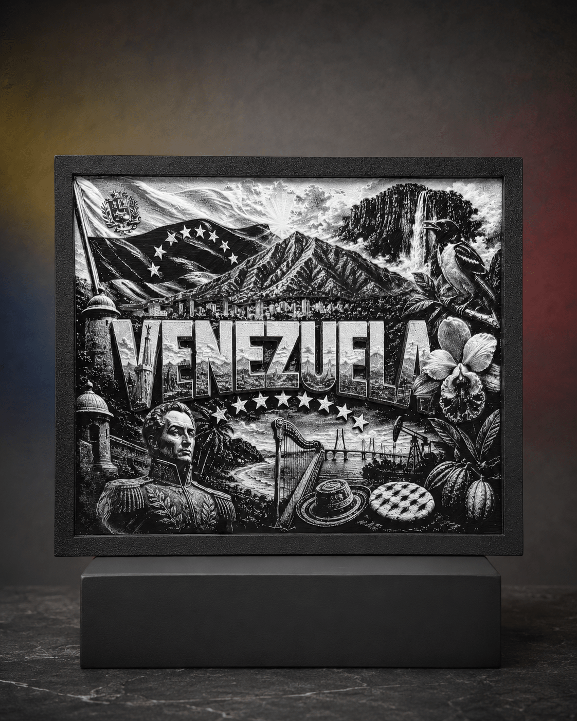 Venezuela en Relieve – Arte 3D con Marco y Pedestal - ERDUM DESIGNS