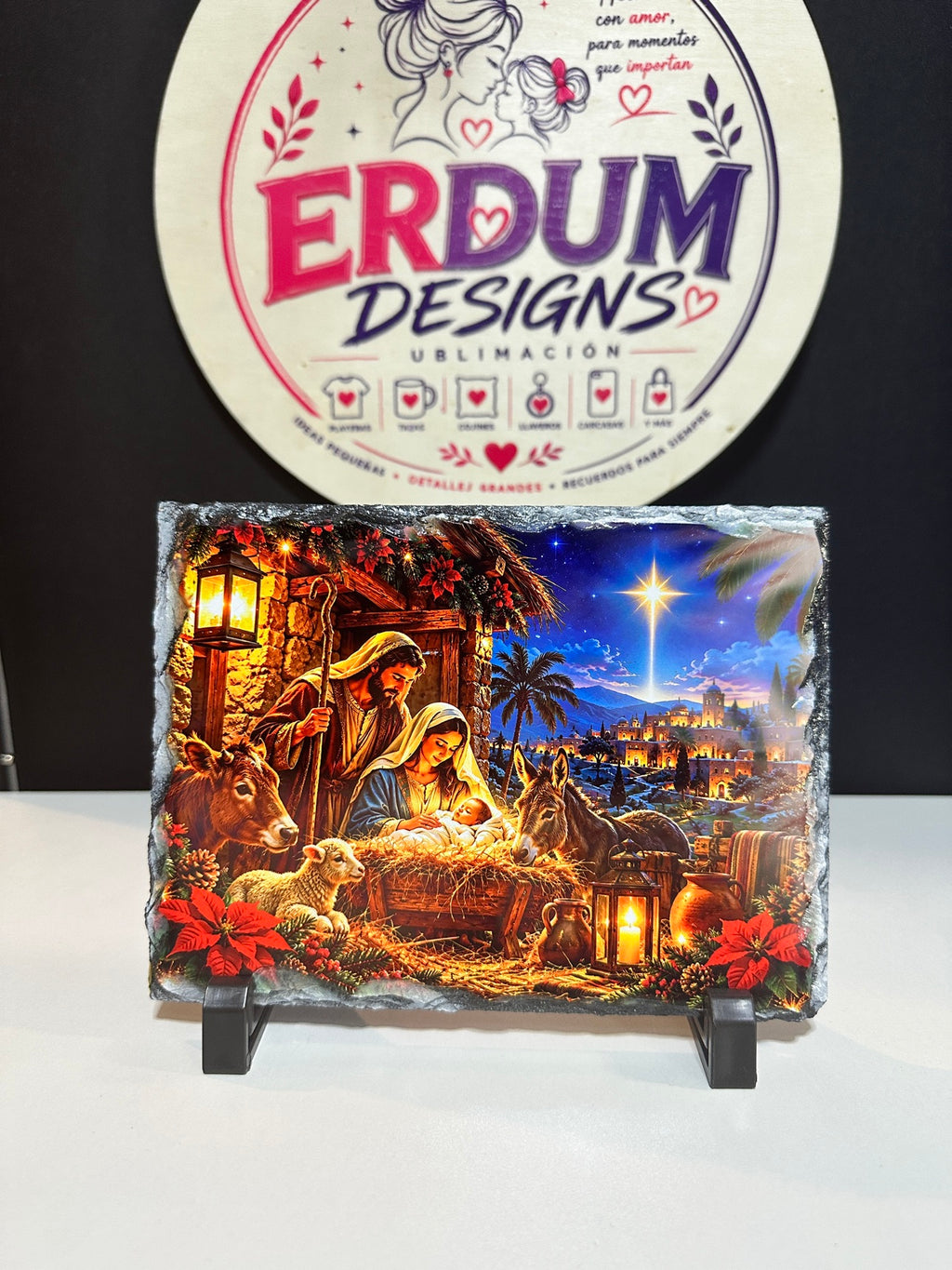 Christmas Nativity Slate – 5x7 Sublimated Stone Plaque, Personalized, with Display Stand - ERDUM DESIGNS