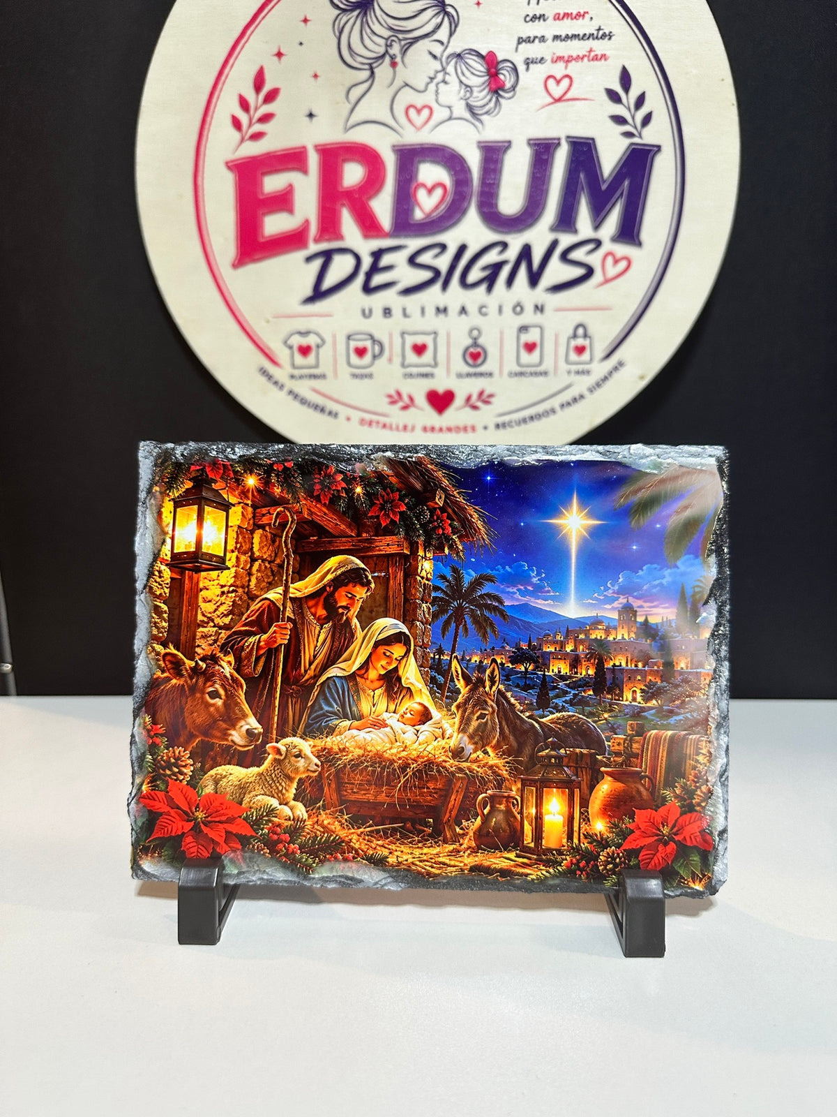 Christmas Nativity Slate – 5x7 Sublimated Stone Plaque, Personalized, with Display Stand - ERDUM DESIGNS