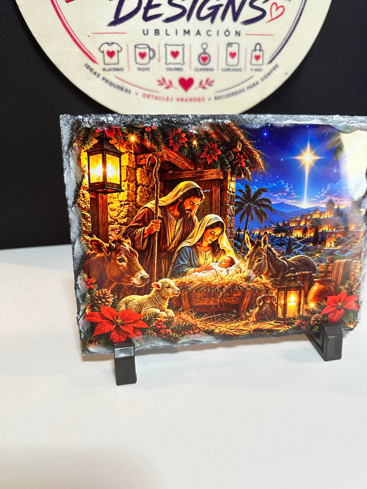 Christmas Nativity Slate – 5x7 Sublimated Stone Plaque, Personalized, with Display Stand - ERDUM DESIGNS