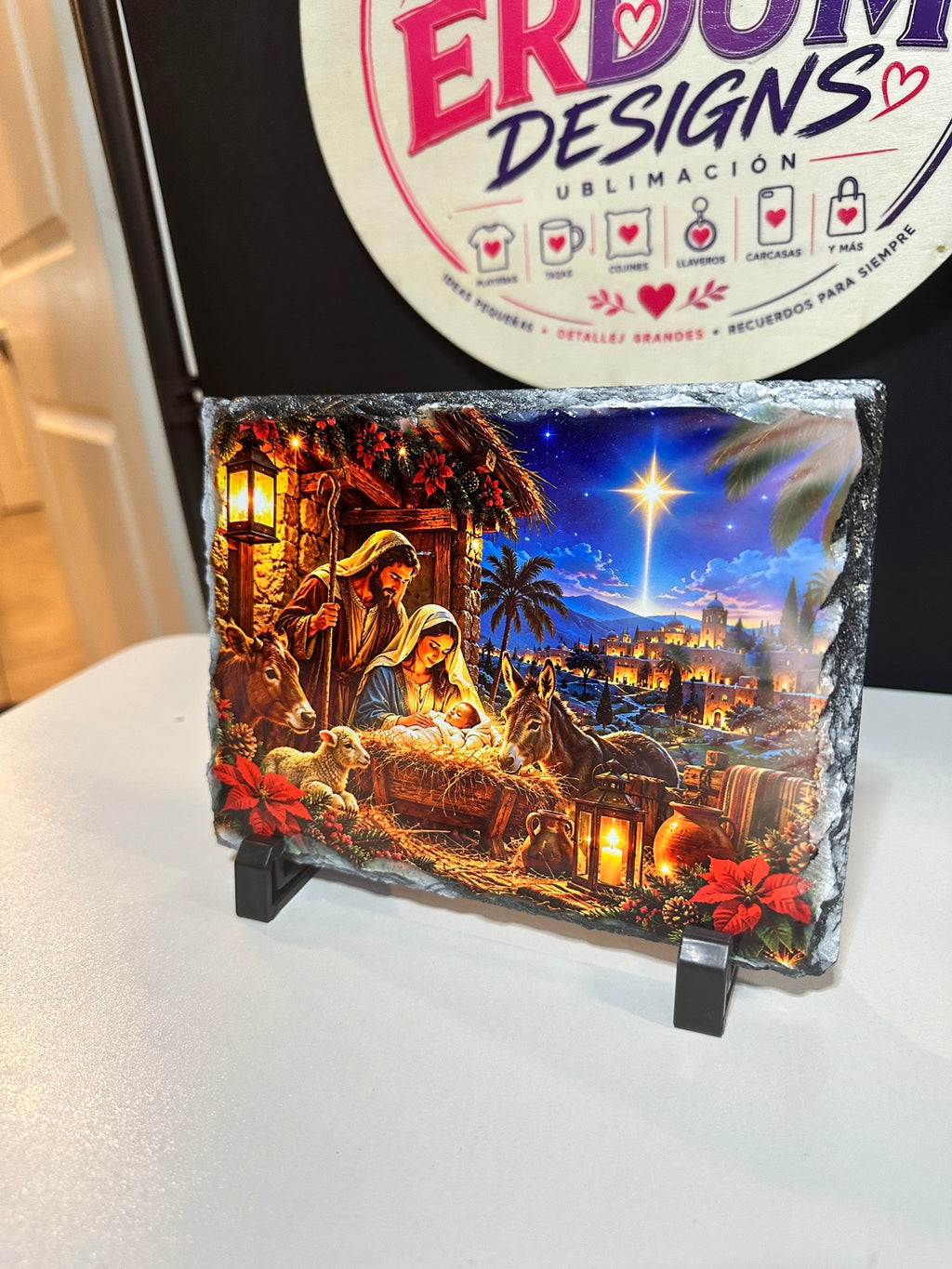 Christmas Nativity Slate – 5x7 Sublimated Stone Plaque, Personalized, with Display Stand - ERDUM DESIGNS