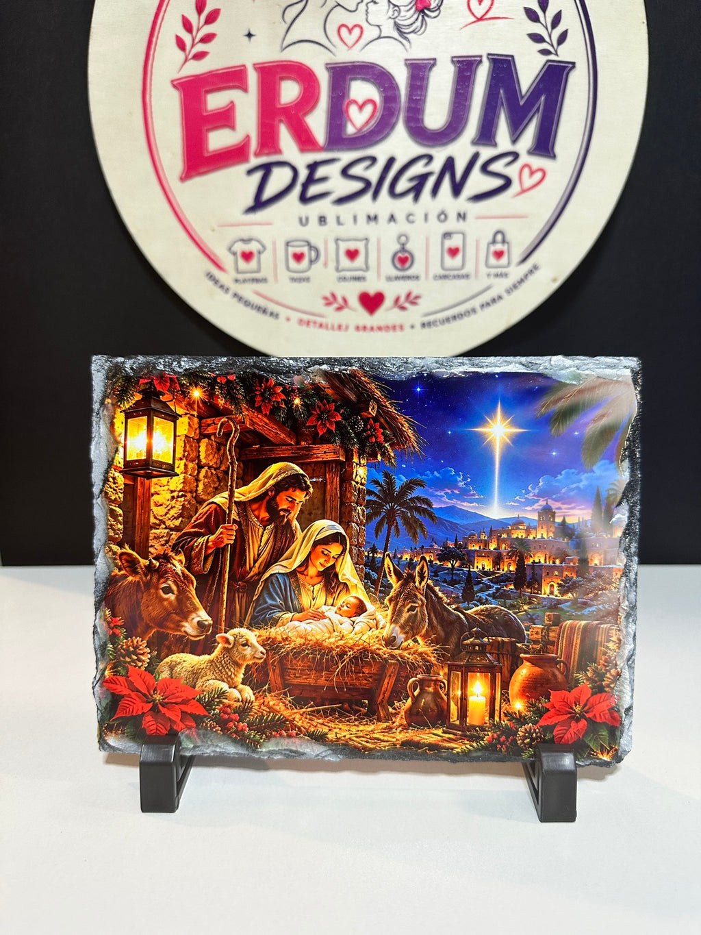 Christmas Nativity Slate – 5x7 Sublimated Stone Plaque, Personalized, with Display Stand - ERDUM DESIGNS