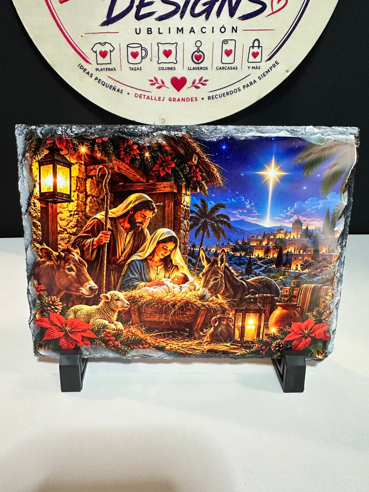 Christmas Nativity Slate – 5x7 Sublimated Stone Plaque, Personalized, with Display Stand - ERDUM DESIGNS