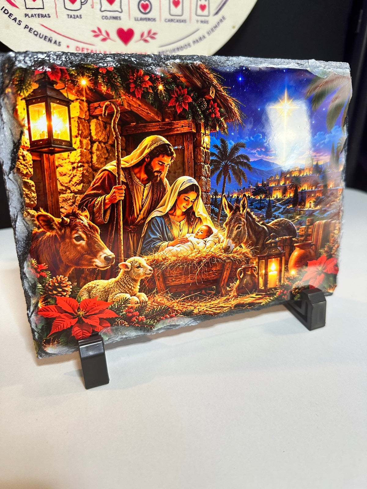 Christmas Nativity Slate – 5x7 Sublimated Stone Plaque, Personalized, with Display Stand - ERDUM DESIGNS