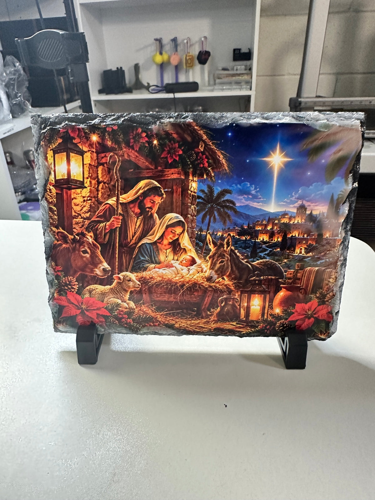 Christmas Nativity Slate – 5x7 Sublimated Stone Plaque, Personalized, with Display Stand - ERDUM DESIGNS